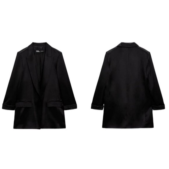 Zara Jackets & Blazers - ZARA TURNED-UP CUFF SATIN EFFECT BLAZER BLACK | 3438/791 SIZE S